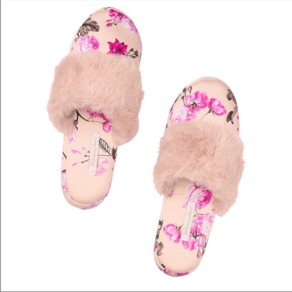 Victoria's Secret Shoes - Victoria Secret VS Satin Floral Pink Faux Fur Slippers